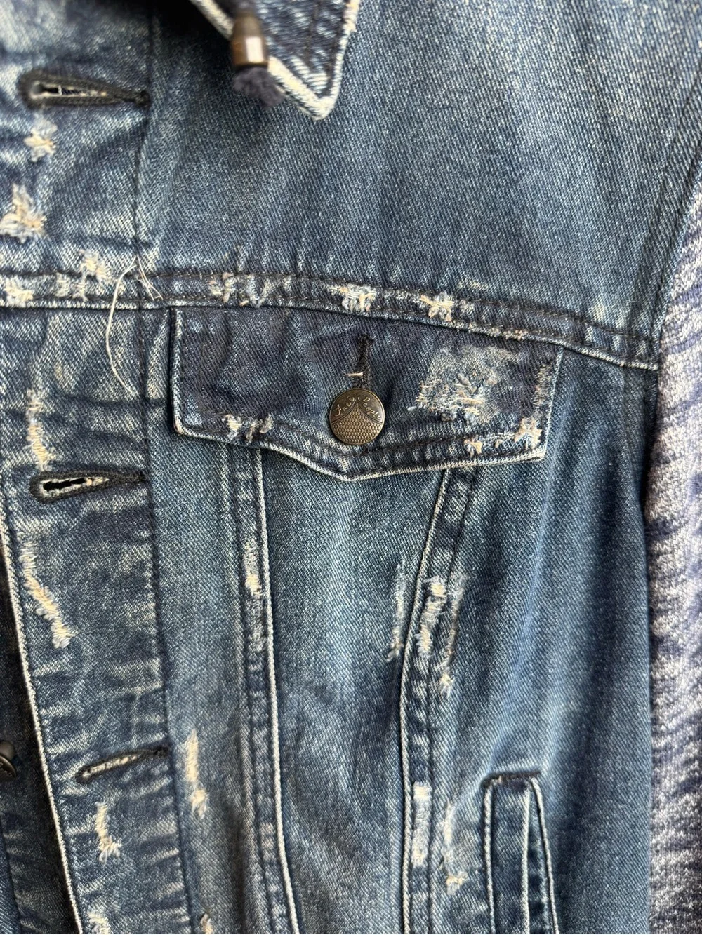 Vintage Free People Denim Hooded Jacket with Blue Knit Sleeves - Picture 4 of 5
